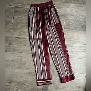 The Odells Straight Leg Striped Satin Pants Elastic Waist Burgundy SZ Small
